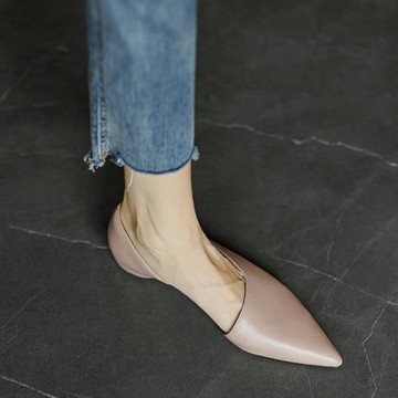 手工真皮~美Cry～春秋氣質尖頭單鞋女側空平底夏季小眾設計奶奶鞋