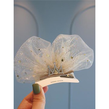 女孩公主大號星空紗蝴蝶結立體發夾顱頂頭飾兒童氣質皇冠表演發卡