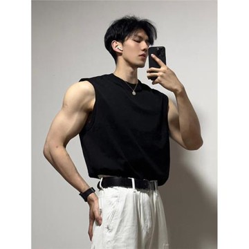 美式健身背心男夏季小領口無袖t恤跨欄穿搭純棉320g重磅籃球坎肩