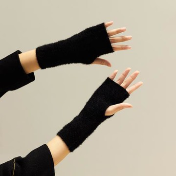 羊絨半指毛線手套女針織露指半截保暖防寒辦公寫字白色毛絨冬季