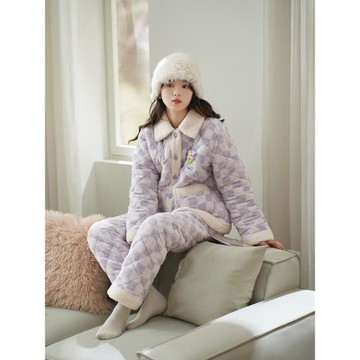 思莉太太睡衣冬季女珊瑚絨三層夾棉加厚加絨超厚棉服冬天家居服