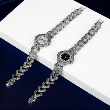 純銀手表S925銀腕表泰銀歐美復古馬克賽石復古高品質精致石英女表