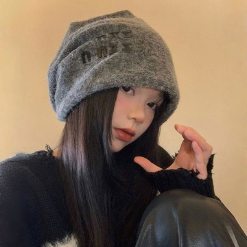 💛熱銷💛慵懶風灰色堆堆帽子女秋冬季日系百搭顯臉小冷帽大頭圍保暖包頭帽帽子女 保暖毛絨堆堆帽 防寒護耳