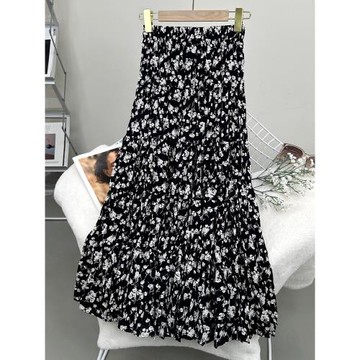 法式復古碎花大擺裙褶皺半身裙夏高腰拼接蛋糕裙百搭顯瘦長裙夏季