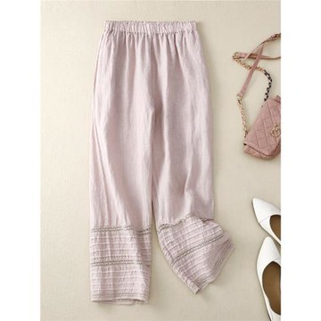 日式森系花邊拼接棉麻闊腿褲女小個子顯瘦直筒褲薄款亞麻九分褲子