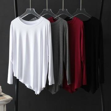 垂感柔軟莫代爾長袖T恤女夏季不規則下擺瑜伽服圓領打底上衣