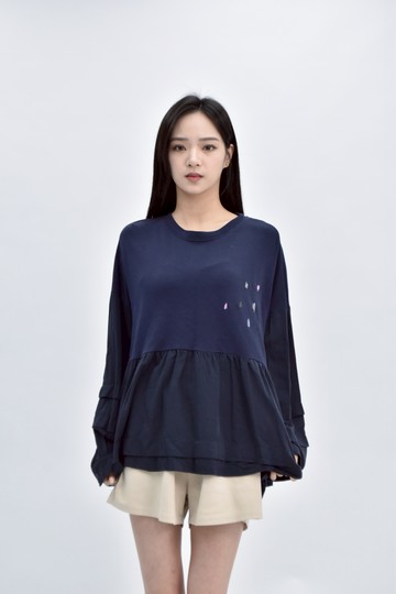 (XL) a la sha棉質刺繡純棉藍色長袖上衣