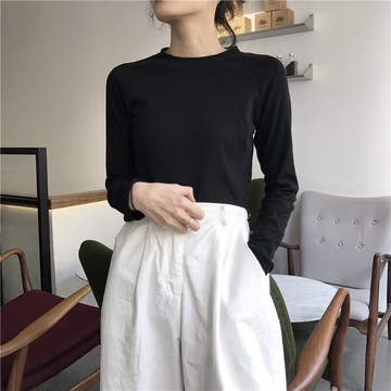 秋裝基礎款修身百搭顯瘦彈力T恤螺紋插肩圓領長袖打底衫tee女1入