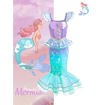女童美人魚公主裙夏季女孩愛麗兒連衣裙兒童洋氣魚尾裙泳衣演出服