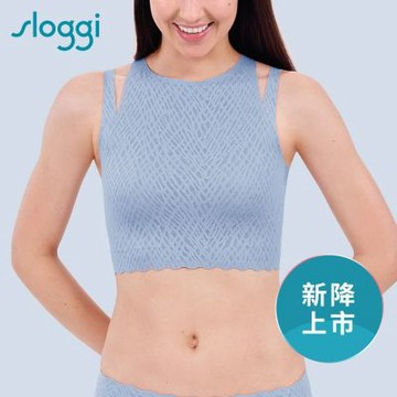 sloggi-ZERO FEEL BLISS零感蕾絲雅致系列削肩短版上衣 灰藍