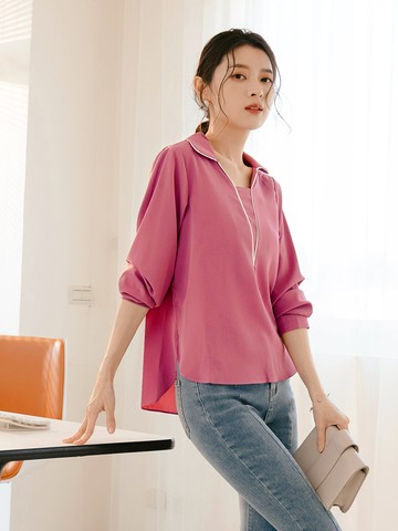 柔滑雪紡出芽包邊設計前短後長上衣