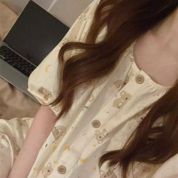 睡衣 甜美 可愛 卡通 小熊 雲朵棉 網紅款 睡衣女 夏季 新款 開衫 短袖 短褲 兩件套 親膚 學生 家居服 睡衣