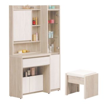 文創集 雷克雙色3尺開合鏡面鏡台/化妝台組合(鏡台＋側邊櫃＋含化妝椅)-91x43x169cm免組