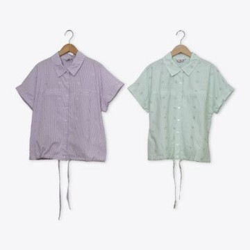 【CUMAR】貓頭鷹刺繡條紋連袖襯衫上衣 綠 紫