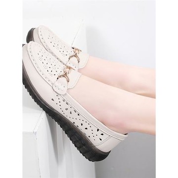 便鞋女縷空透氣春夏新款輕便軟底懶人一腳蹬坡跟媽媽真皮單鞋扦鞋