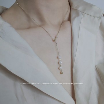 方糖家 925純銀淡水珍珠項鏈 可調節抽拉式 氣質百搭簡約鎖骨鏈1入