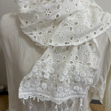 ☆手作☆長圍巾/白色棉紗/縷空刺繡/花卉刺繡/蕾絲流蘇