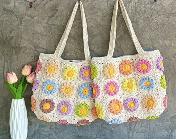 水洗線鉤針編織托特包 pastel flowers crochet tote bag