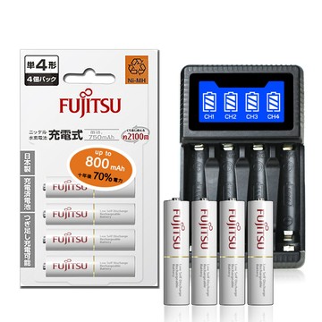 FUJITSU 低自放電4號750mAh充電電池組(4號4入+四槽USB充電器+送電池盒)