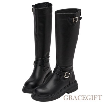 【Grace Gift】小惡魔金屬釦環厚底增高機車長靴 黑