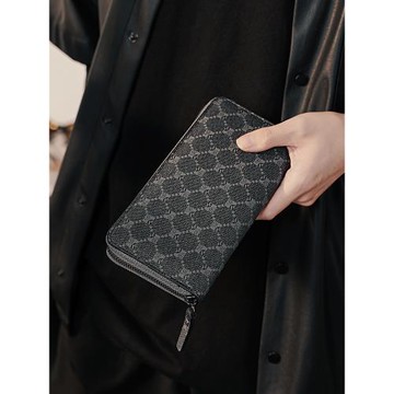 時尚男士手拿零錢包經典格子休閑錢包中長款皮質錢夾多卡位手機包