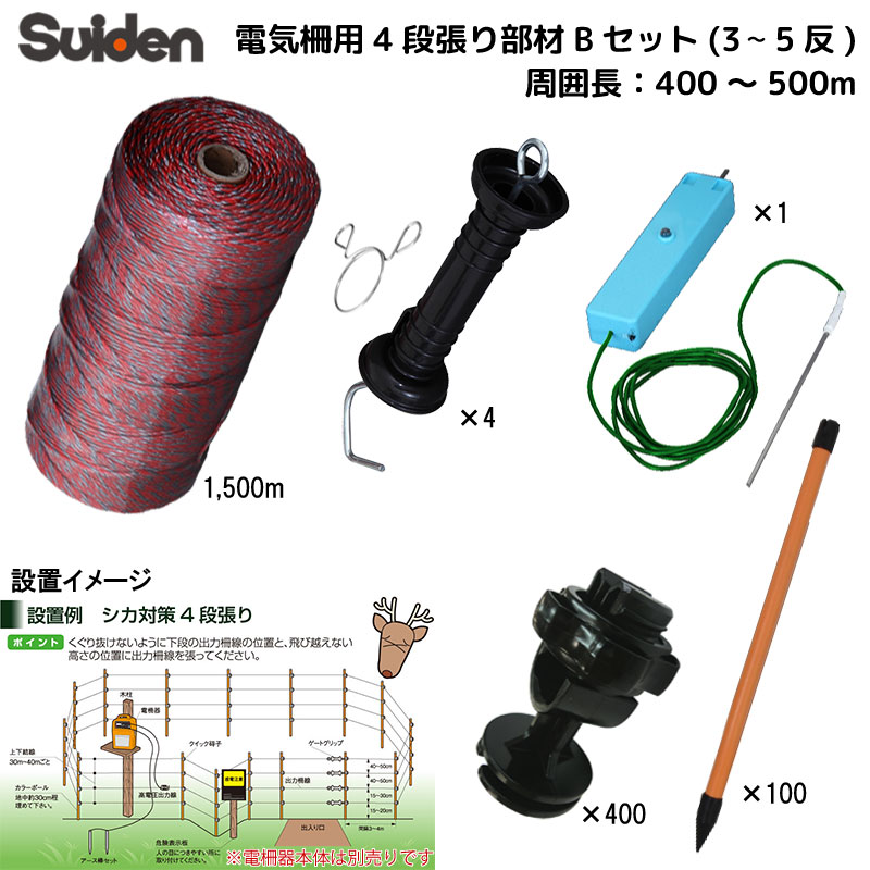 スイデン 電気柵 オプションセット 400m~500m 4段張り部材 Bセット ポール 1800mm 柵線 1500m シカなどの害獣対策に suiden