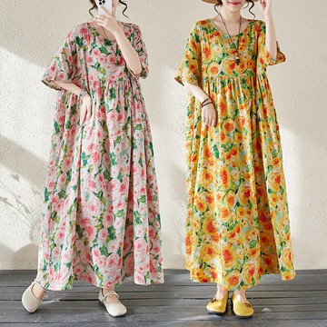 大尺碼洋裝 夏大碼女度假風中老年媽媽寬鬆顯瘦氣質棉麻中長款大擺連身裙