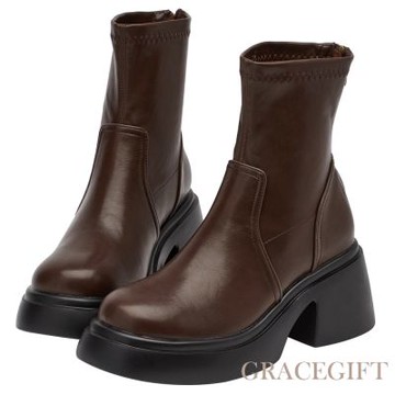 【Grace Gift】長腿歐膩彈力輕量厚底短靴 咖