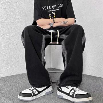 夏款季抽繩薄款垂墜感寬松闊腿牛仔褲男士拖地直筒拼色休閑老爹褲