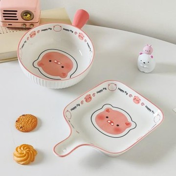可愛豬豬一人食可愛少女餐具套裝手把碗陶瓷釉下彩家用情侶米飯碗