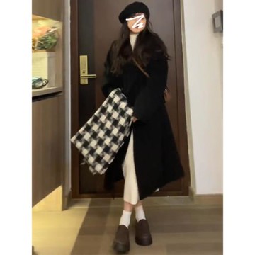 黑色毛呢大衣女秋冬2026新款高級感赫本風韓系中長款加厚呢子外套