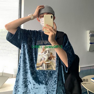 潮流男裝高級感冰絲絨短袖油畫天使美式街頭T恤七分袖上衣【聚物優品】