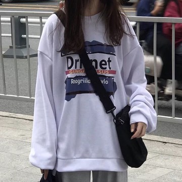字母印花白色衛衣女春秋薄款寬松bf慵懶風圓領長袖上衣ins潮