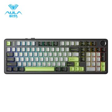 狼蛛AULA F99pro 三模機械鍵盤（黑+淺灰+螢光綠）灰木軸V3 繁中