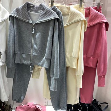 2024春秋裝新款翻領運動休閑衛衣套裝女外套闊腿褲顯瘦減齡兩件套