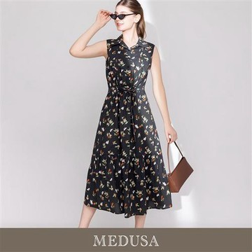 現貨【MEDUSA 曼度莎】復古碎花翻領無袖襯衫長洋裝（M-XL）｜高級純棉 碎花洋裝 度假穿搭