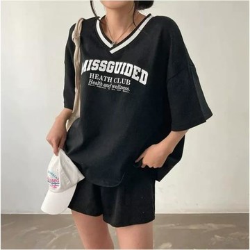 韓國chic夏季美式復古V領字母印花短袖套頭T恤百搭休閑運動套裝女