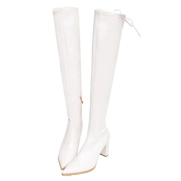 ANNSTAR 蕾菈聯名-辣妹特務過膝彈力尖頭長靴8cm-白(版型偏小)