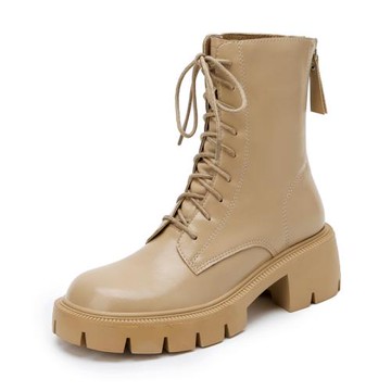 內增高短靴系帶粗跟厚底防水臺馬丁靴小個子8CM真皮高跟秋冬單靴