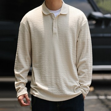 Wuluwear 秋季休閒提花肌理感長袖POLO衫男士老錢風微寬翻領上衣