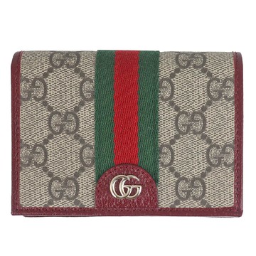 GUCCI Ophidia 雙G防水布織帶咖啡紅皮邊掀蓋拉鍊短夾-5卡