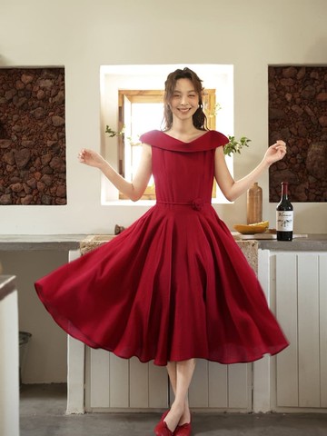 玫瑰往事 赫本復古洋裝 茶歇舞者裙 紅色敬酒服 大裙襬禮服裙