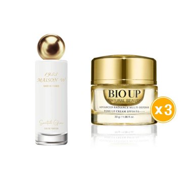 【香頌奢養組】BIO UP 自然美 全效防護光采素顏霜SPF50 PA++++ 30g *3入+法國MAISON W 1955淡香精 50ml