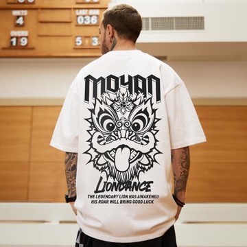 高街潮牌寬松T恤胖子短袖男加肥加大五分袖純棉醒獅大碼男裝情侶