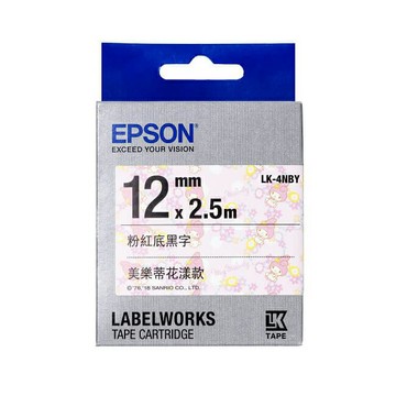 EPSON 美樂蒂花樣款 12mmx2.5M 粉紅底黑字標籤帶 / 盒 LK-4NBY｜領券最高折$220