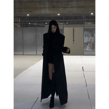 (免運)黑色毛呢西裝外套女氣質名媛高級感秋冬大衣加長款呢子大衣加棉1