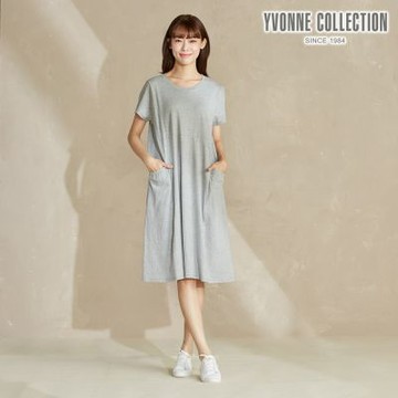 YVONNE 以旺傢飾 素色剪接短袖洋裝-迷霧灰