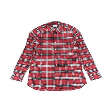BURBERRY 標籤印字LOGO格紋設計棉質鈕釦長袖扣領襯衫(男款/紅)