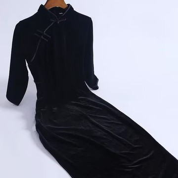 旗袍✨金絲絨連衣裙春秋復古改良旗袍禮服演出修身顯瘦包臀開叉打底長裙✨227