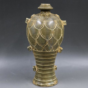 西晉越窯浮雕刻花紋梅瓶手工仿古老貨瓷器家居擺件古董古玩收藏1入
